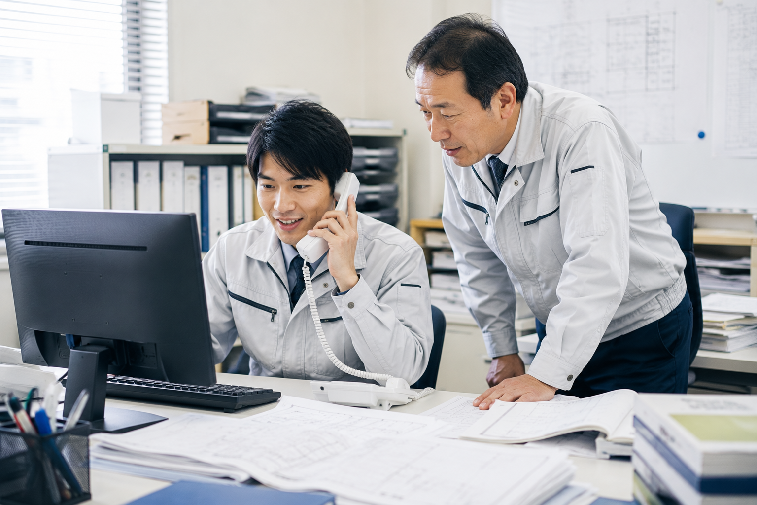 事務所で問い合わせ対応を行うスタッフ
