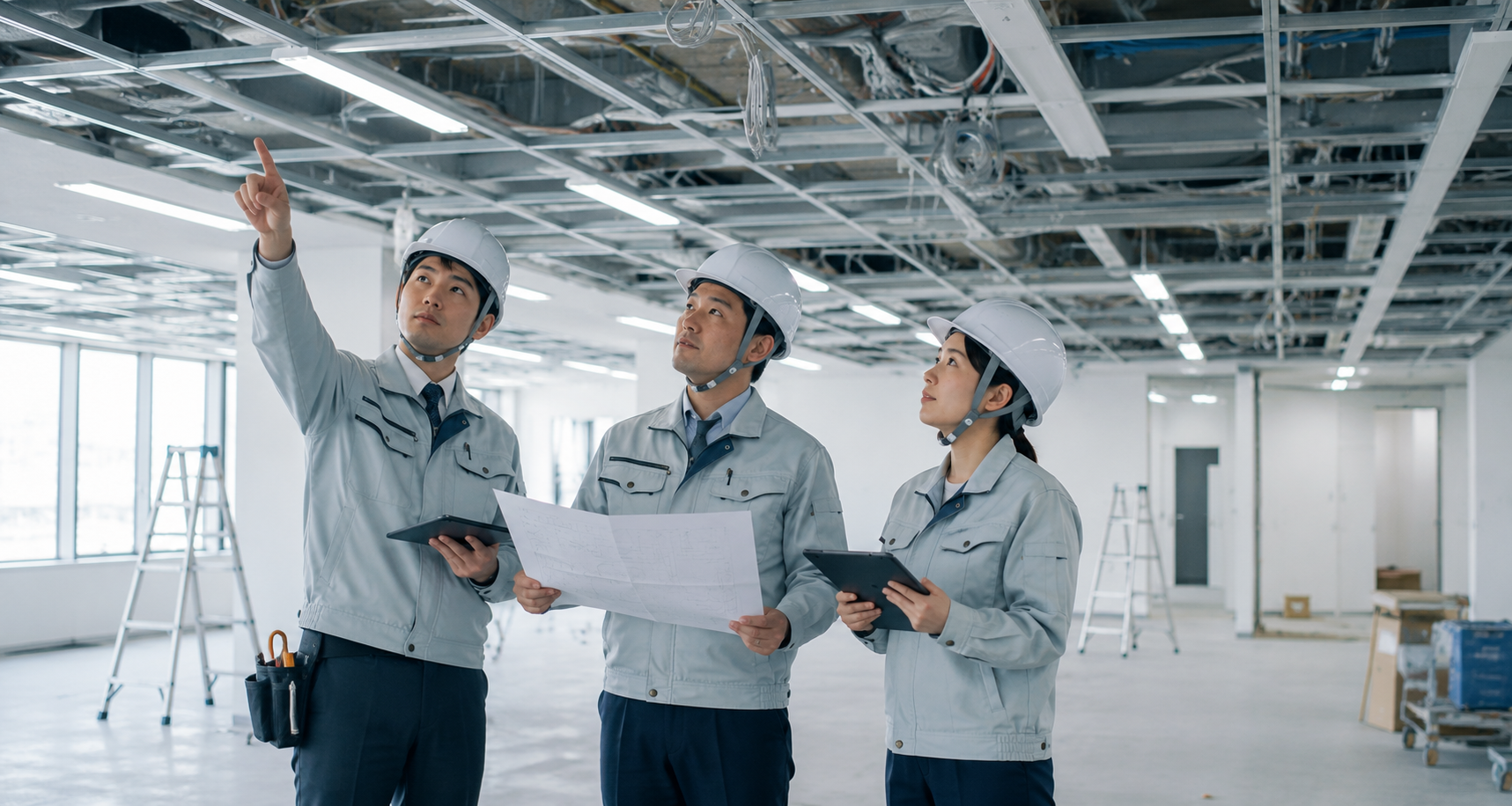 屋内現場で図面を確認する電気設備工事スタッフ