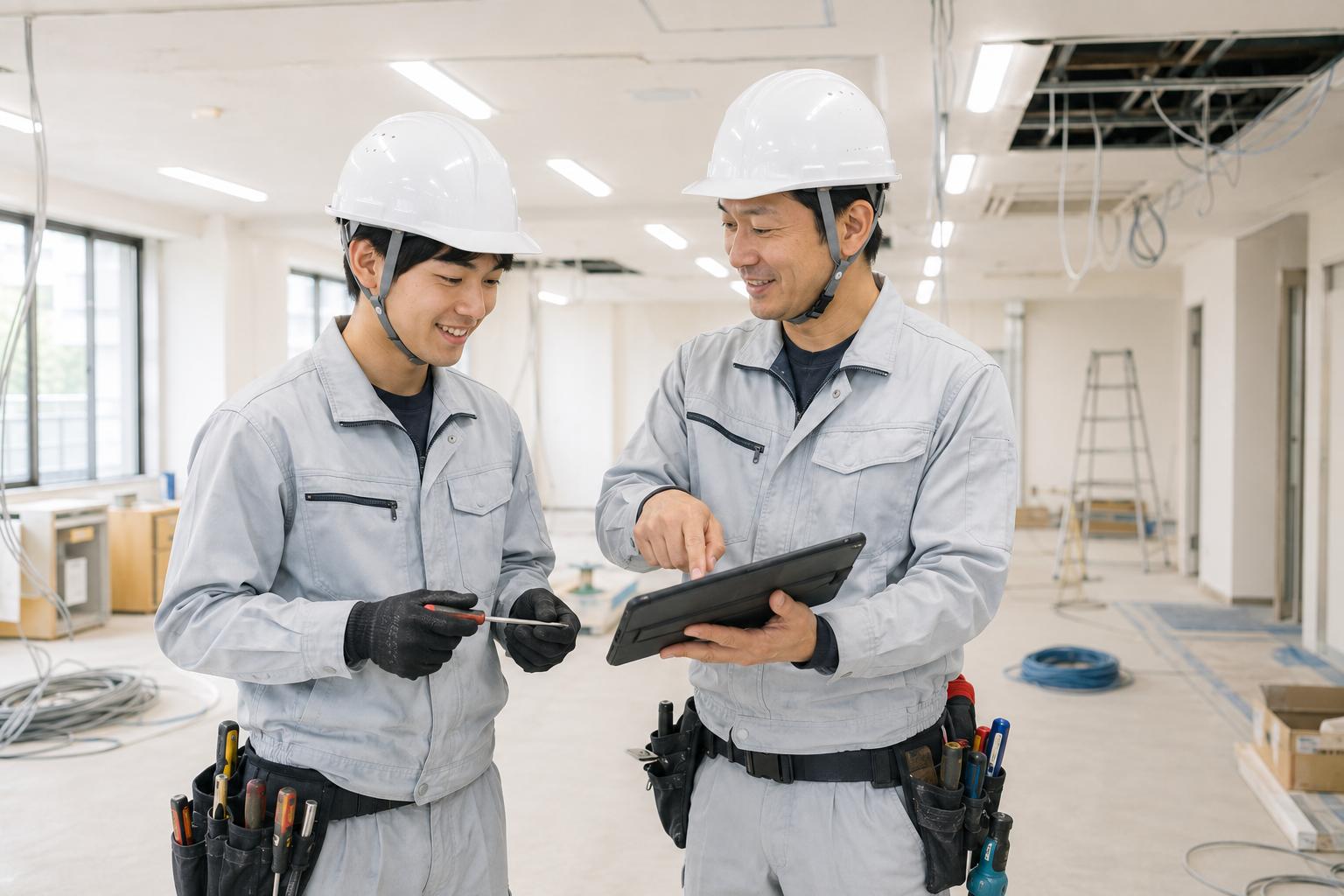 先輩スタッフが若手に工具の使い方を教える様子