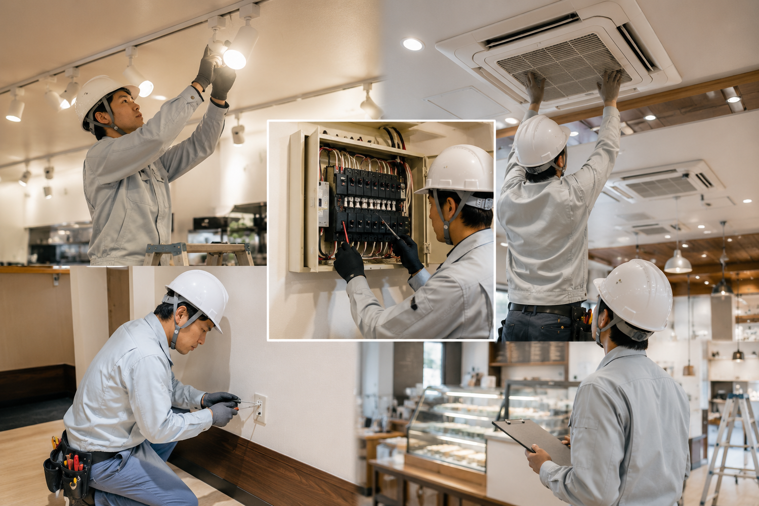 照明、分電盤、コンセント、業務用エアコンの施工風景
