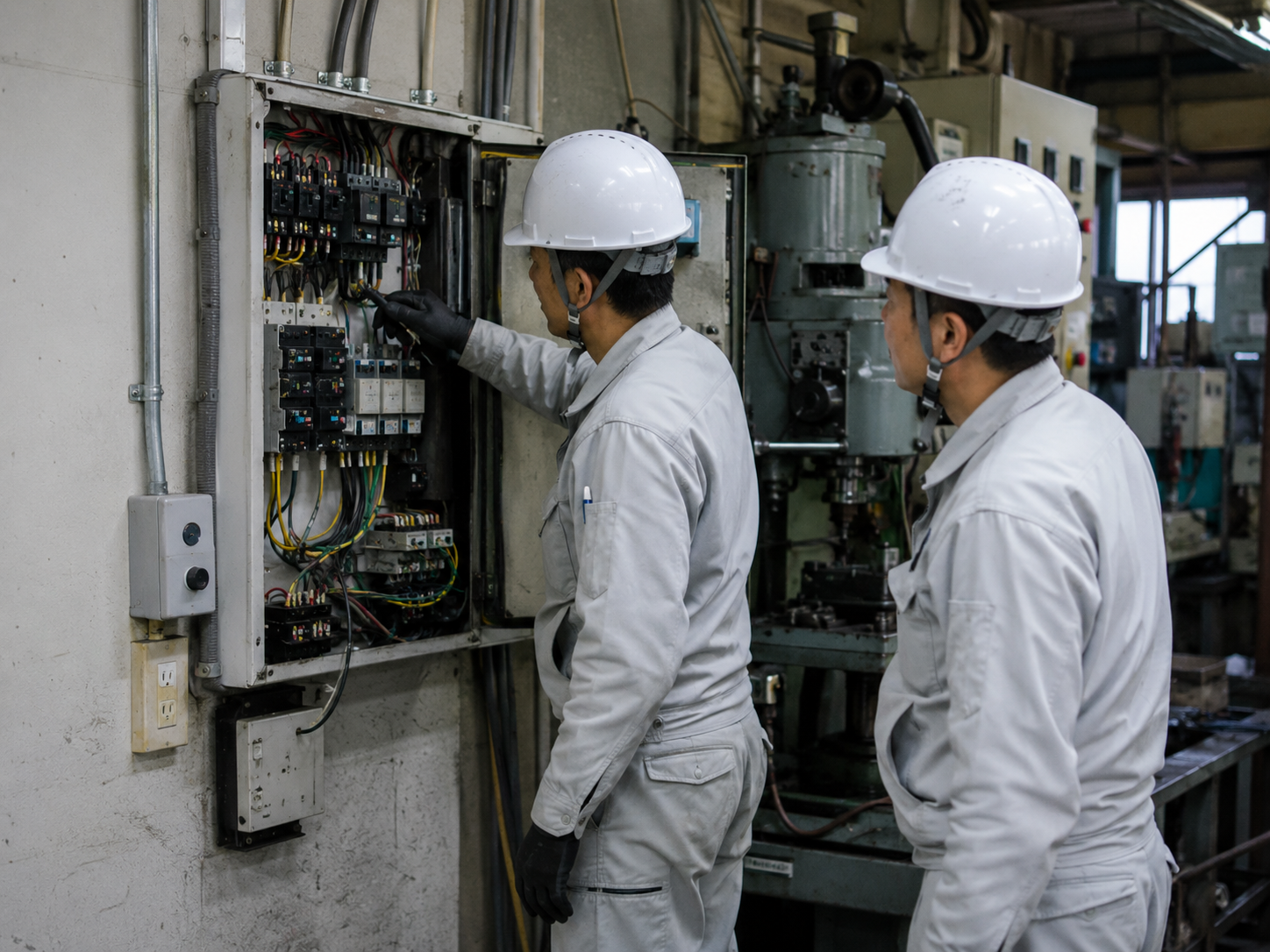 工場内で分電盤と電源まわりを確認する電気工事スタッフ