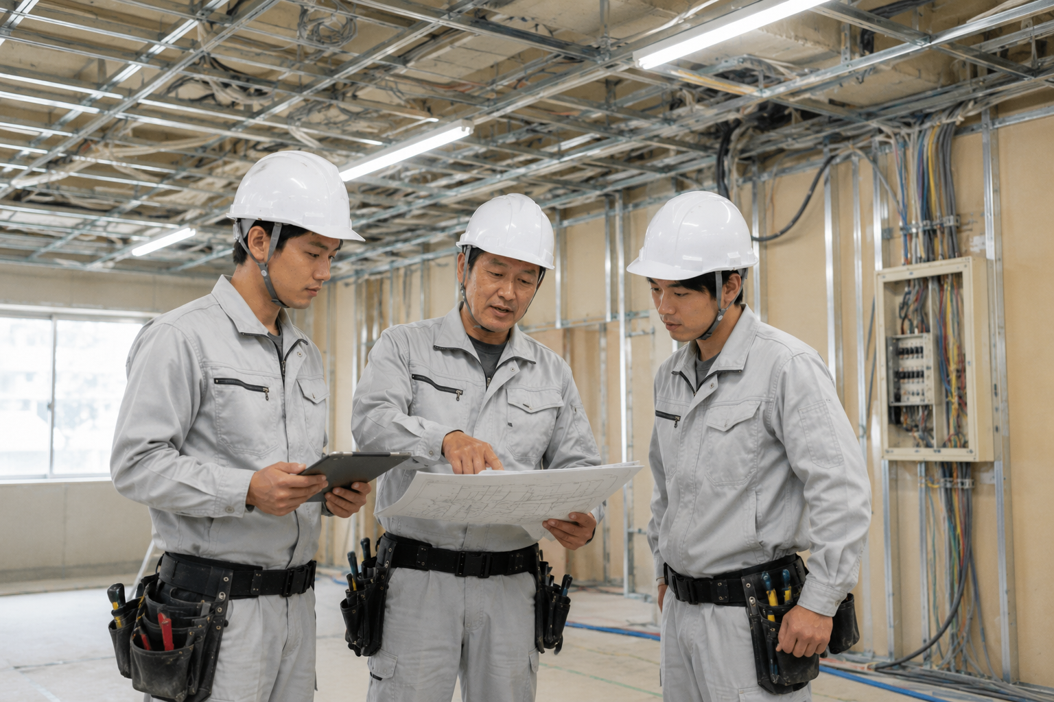 施工現場で図面と配線ルートを確認する電気設備工事スタッフ